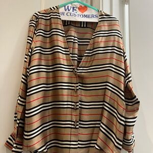 Burberry Tan Cream Button Down Blouse with Mandarin Collar